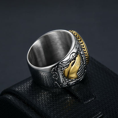 Gold Cross Signet Ring – Christian Faith Ring for Men, Stainless Steel Religious Ring, Black Onyx Style Cross Ring, Catholic Jewelry