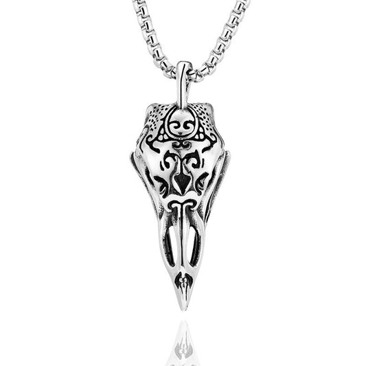 Silver Raven Bird Skull Pendant Necklace: Stainless Steel Steampunk Jewellery